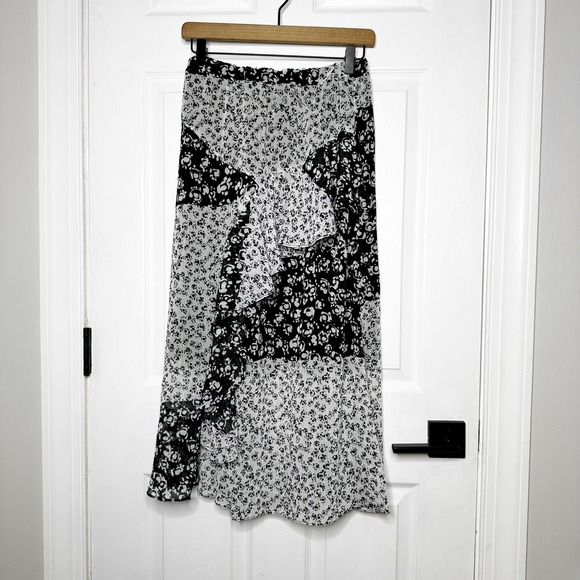 Joie Dresses & Skirts - Joie Floral Print‎ Ruffle Midi Skirt Black White Asymmetrical Lightweight Small